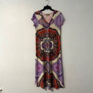 Jessica Taylor Midi Dress Boho‎ Bold Mandala Floral Lace Inset Short Sleeves XL
